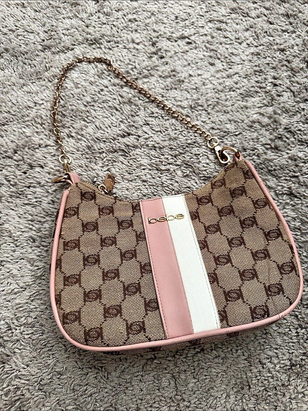 bebe Brown and Pink Monogram Shoulder Bag Brown & Pink